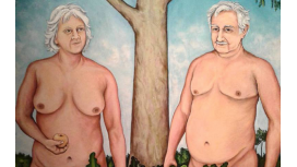 La pintura muestra a Mujica y Topolansky desnudos, acompañados inclusive de su perra Manuela La pintura muestra a Mujica y Topolansky desnudos, acompañados inclusive de su perra Manuela