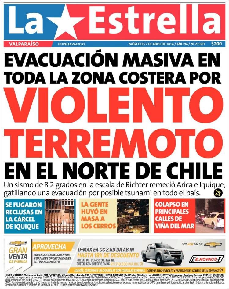 Así reflejaron el terremoto la tapa de los diarios chilenos Terremoto