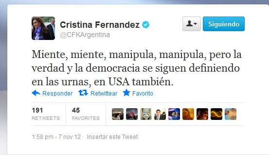 Cristina Fernández también felicitó a Obama por Twitter 