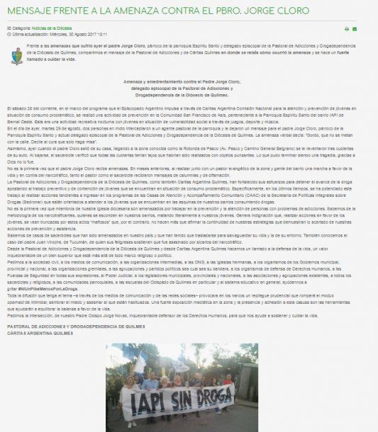 El comunicado de del obispo de Quilmes en apoyo a el padre
