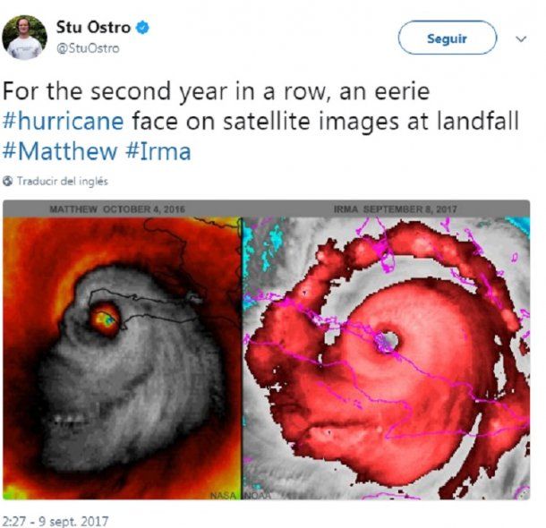El meteorólogo Stu Ostro, mostró otra imagen satelital en la que el huracán tiene cara