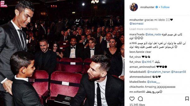 CR7, su hijo y Messi; la foto que se publicó en la cuenta de Cristiano Jr. en Instagram.