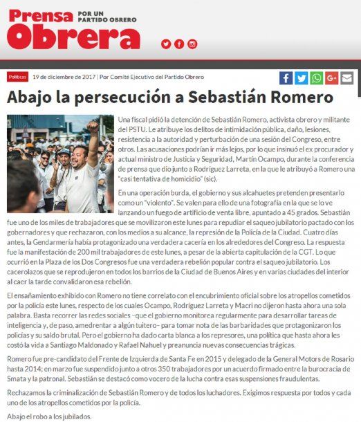 Publicación de Prensa Obrera respaldando al