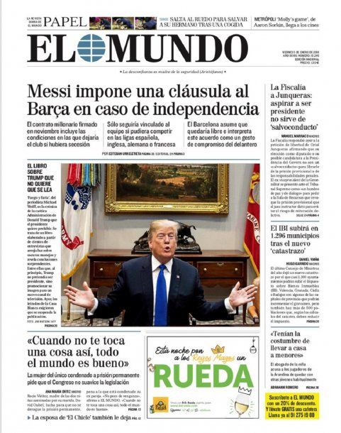 Tapa de diario El Mundo del viernes 5 de enero de 2018<br>