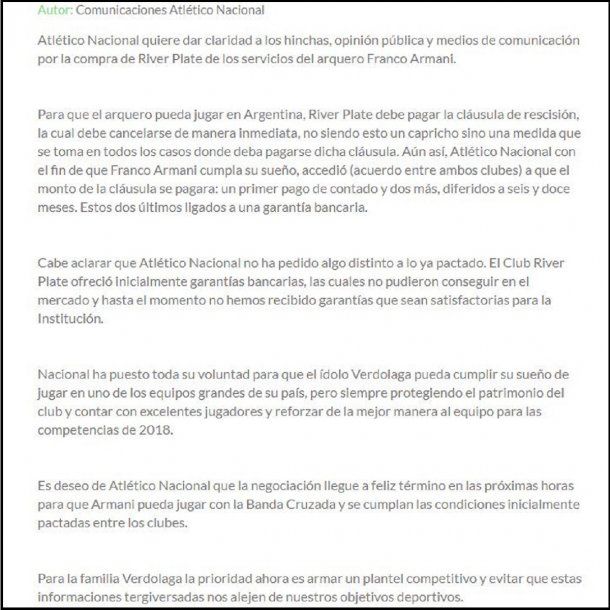 Comunicado de Atlético Nacional