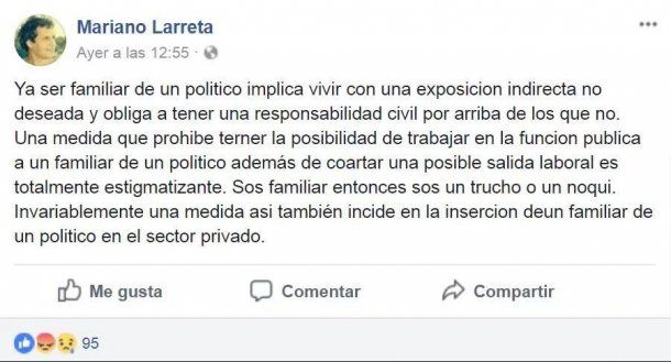 Posteo de Facebook de Marino Larreta, el hermano menor del jefe de gobierno porteño