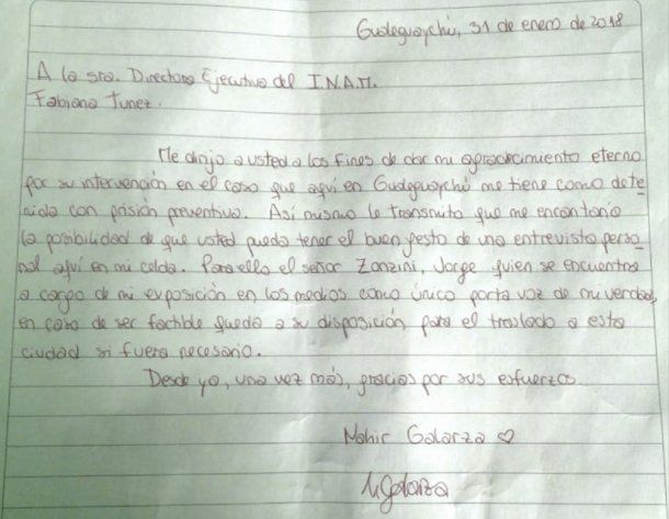 Carta de Nahir Galarza desde la cárcel