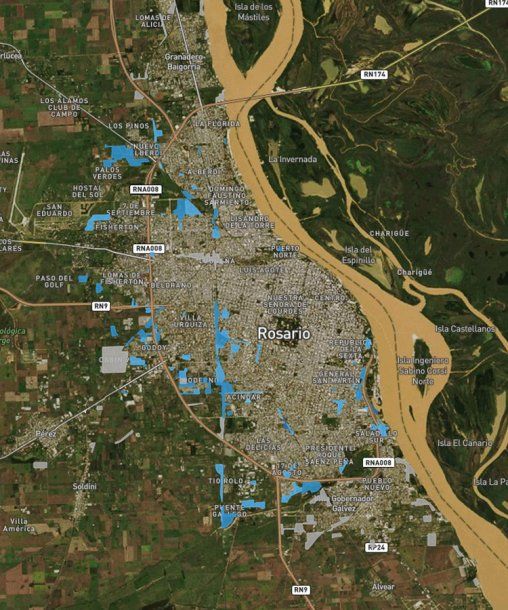 <p>En azul todos los asentamientos cercanos a la ciudad de Rosario. Fuente: Techo</p>