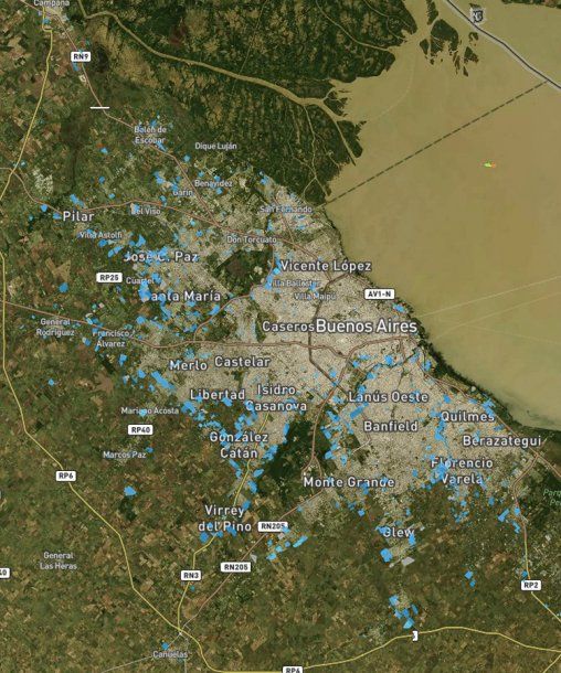 <p>En azul todos los asentamientos precarios en el Gran Buenos Aires. Fuente: Techo</p>