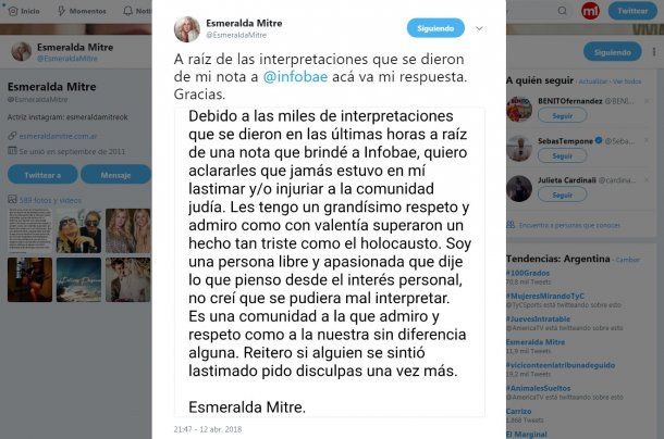 El comunicado final de Esmeralda Mitre<br>