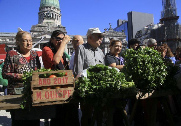 Cientos de personas buscaron las verduras que obsequiaban a modo de protesta en Plaza Congreso<br>
