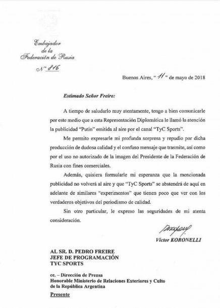 Carta de la Embajada de Rusia a TyC Sports
