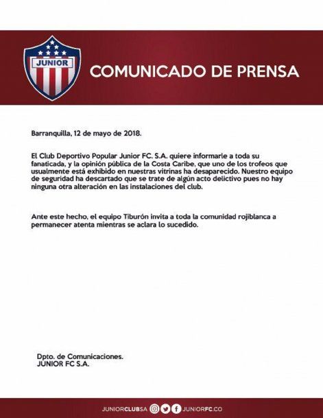 Le robaron un trofeo a Junior de Barranquilla - Crédito: @JuniorClubSA