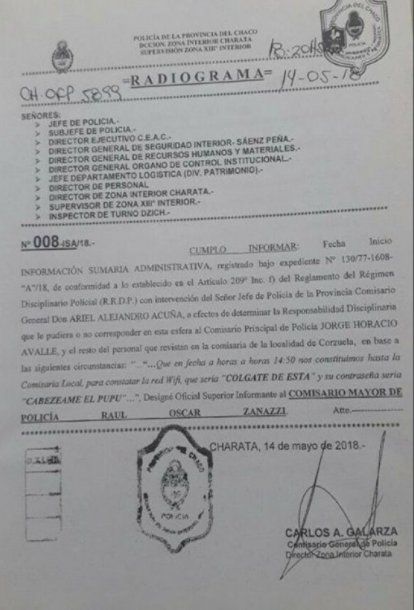 El acta hecha por el director de Zona Interior Charata sobre el hecho (diariochaco.com)
