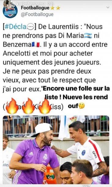 Karim Benzema le contestó a Aurelio De Laurentiis desde Instagram