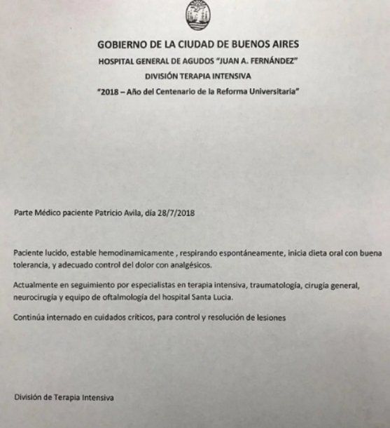 Parte médico de Patricio Ávila