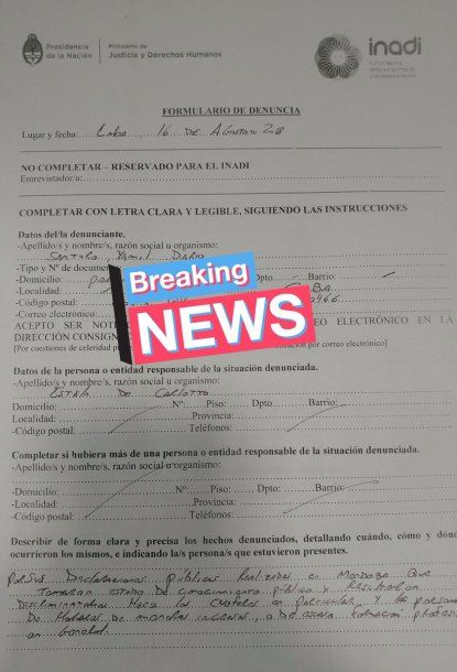 Denuncia presentada por Yamil Santoro en el Inadi<br>