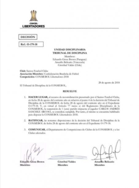 La Conmebol habiitó a Carlos Sánchez<br>