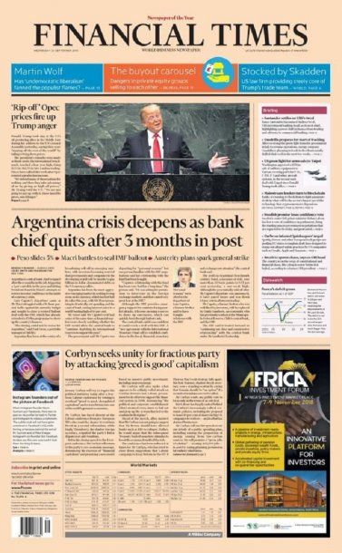 Tapa de la edición del 26 de septiembre del Financial Times<br>