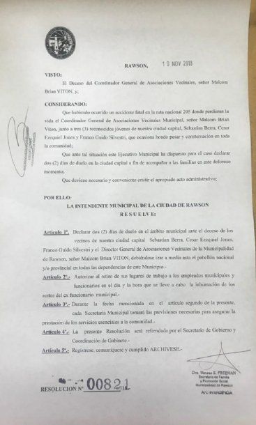 Rawson declarÃ³ dos dÃ­as de duelo<br>
