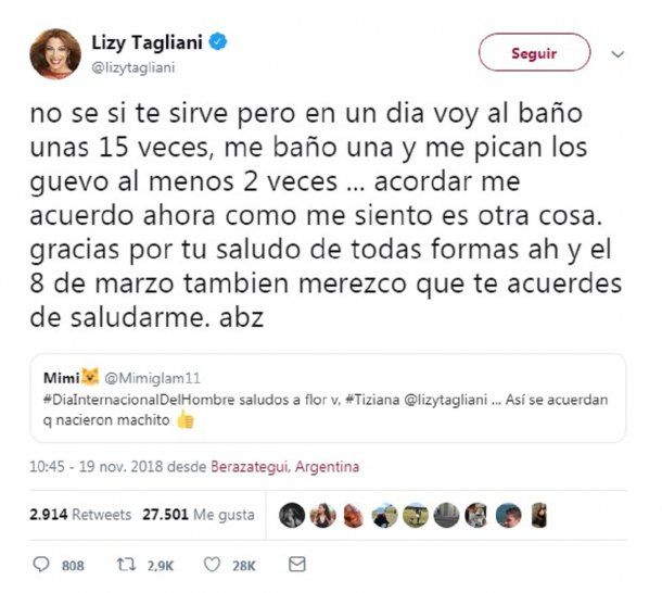 Ataque a Lizy Tagliani en Twitter y su repuesta
