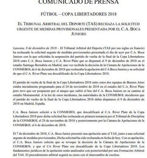 El comunicado del TAS rechazando el pedido de Boca<br>