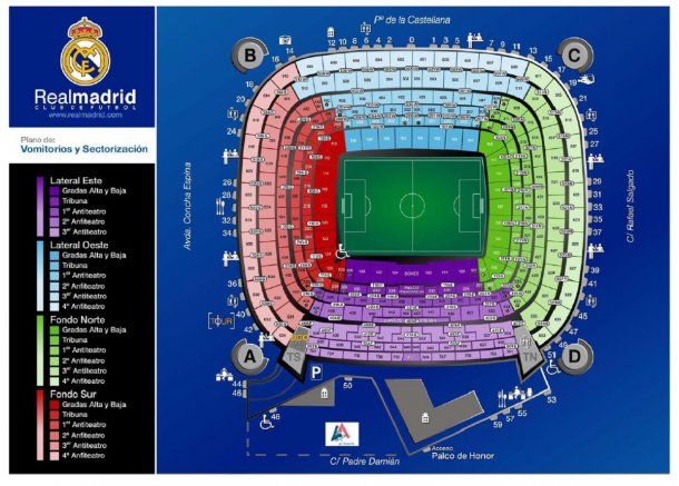 En el sector marcado con violeta del estadio Santiago Bernabéu estará Marcelo Gallardo<br>