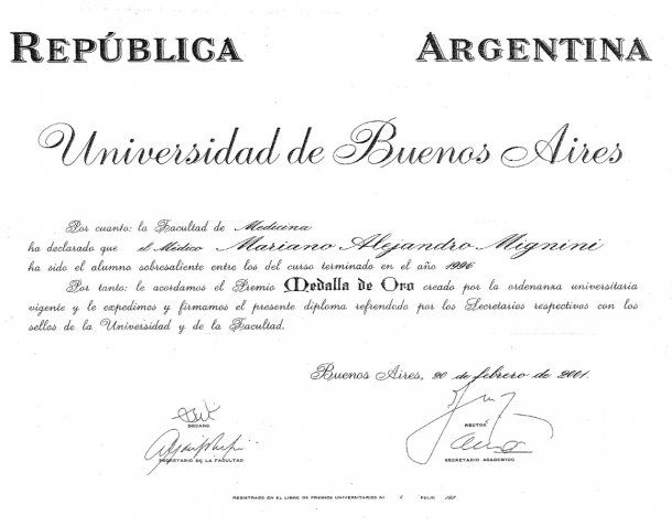 Medalla de oro de la UBA fue el médico Mignini<br>