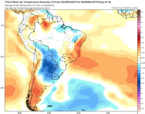 Anomalías de temperatura respecto el promedio para la semana próxima