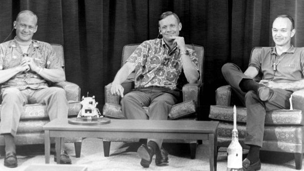 Aldrin, Armstrong y Collins unos dÃ­as antes de partir con el Apollo 11