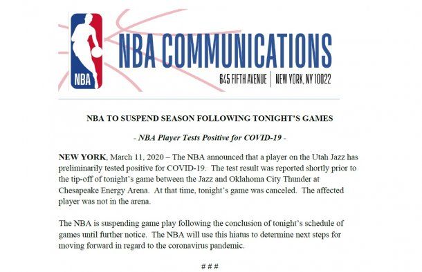 Con ese comunicado la NBA anunció la suspensión de su temporada por coronavirus