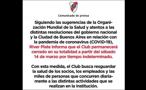 El comunicado con el que River anuncia que no jugará contra Atlético Tucumán por la Copa de la Superliga por la pandemia de coronavirus  