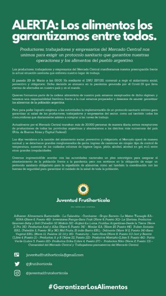 La Juventud Frutihortícola reclama medidas en el Mercado Central de Buenos Aires ante el avance de la pandemia de coronavirus