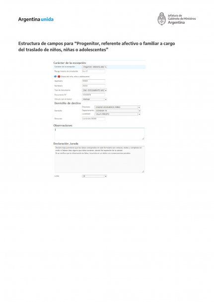 La declaración jurada para los que piden permiso como “Progenitor, referente afectivo o familiar a cargo del traslado de niños, niñas o adolescentes”