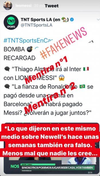 Lionel Messi en Instagram desmintió la falsa noticia que dio un periodista de un canal de deportes: ni ira al Inter ni volverá a Newell's ni pagó la fianza de su ex compañero Ronaldinho