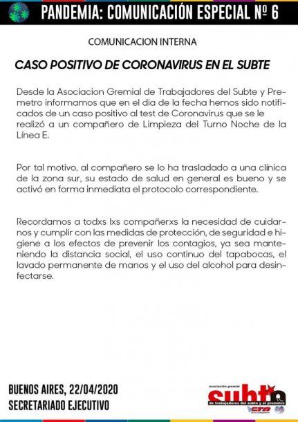 El comunicado de la Asociación Gremial de Trabajadores del Subte y Premetro (AGTSyP) sobre el caso de coronavirus