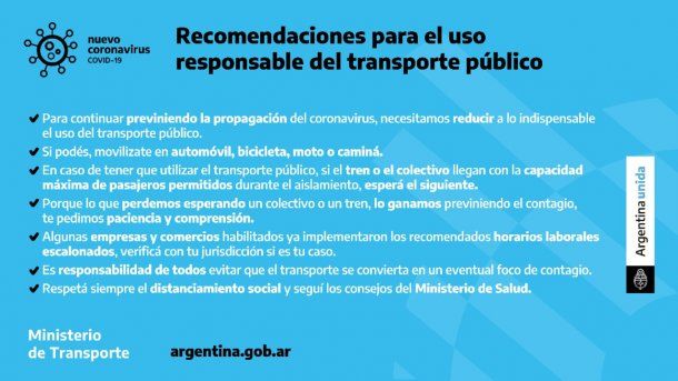 Recomendaciones del Ministerio de Transporte para respetar el aislamiento por el coronavirus