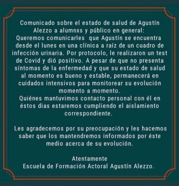 El comunicado de la escuela de teatro de Agust&iacute;n Alezzo con el que anunciaron que el maestro de actores tiene coronavirus &nbsp;