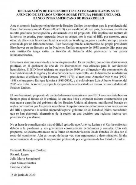 La declaración sobre el Banco Interamericano de Desarrollo (BID)