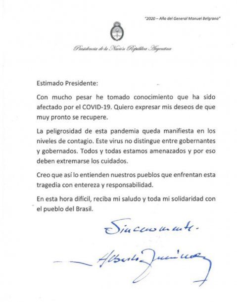 Carta de Alberto Fern&aacute;ndez a Jair Bolsonaro luego de que se confirm&oacute; que el presidente de Brasil tiene coronavirus