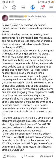 Desde su perfil de Facebook, una chica de La Plata relató un episodio de violencia de género