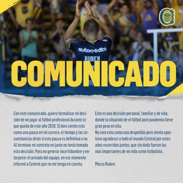 "Esta es una decisión personal, familiar y de vida, donde la situación del fútbol pospandemia tiene gran peso", dijo Marco Ruben quien deja Rosario Central