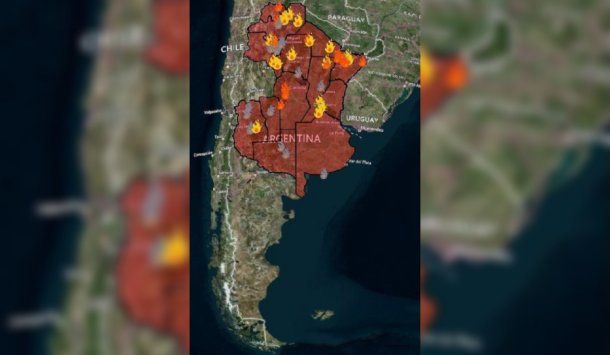 Mapa generado por el SINAME (Sistema Nacional de Alerta y Monitoreo de Emergencias) del Ministerio de Seguridad de la Nación con los incendios que afectan a nuestro país