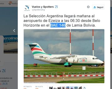 En Twitter anunciaban que la Selección argentina llegaba a Colombia en el avión de la tragedia