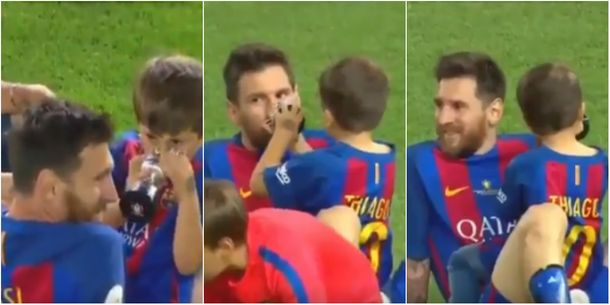 Lionel Messi y Thiago tras el partido del Barcelona