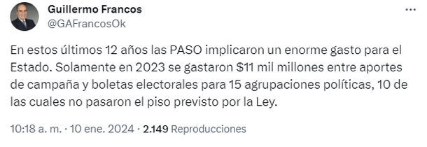 Las publicaciones de Guillermo Francos en paralelo a su exposición en el plenario de comisiones de Diputados Las publicaciones de Guillermo Francos en paralelo a su exposición en el plenario de comisiones de Diputados