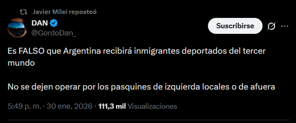 El tuit de Gordo Dan que replicó Javier Milei contra el The New York Times. El tuit de Gordo Dan que replicó Javier Milei contra el The New York Times. 