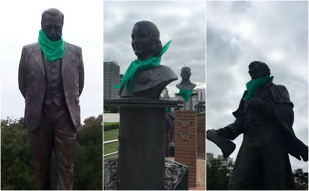 La Plata: Alfonsín, Evita, el Gauchito Gil y Mitre con pañuelos verdes a favor de la despenalización del aborto