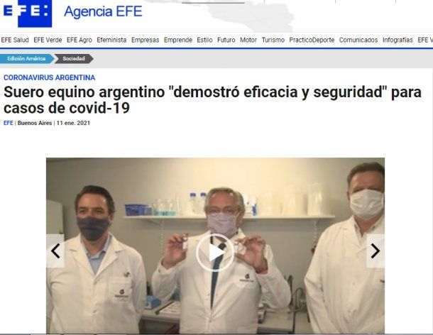 La agencia de noticias española EFE destacó la utilización del suero en pacientes con coronavirus