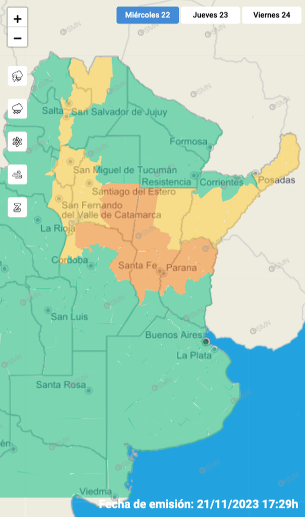 Mapa de alertas por tormentas y granizo para este miércoles. Fuente: Servicio Meteorológico Nacional. Mapa de alertas por tormentas y granizo para este miércoles. Fuente: Servicio Meteorológico Nacional.